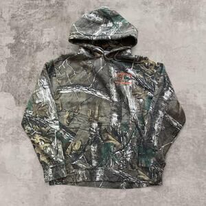 Clearwater Trading Camo Hoodie XL Spellout Hardwoods Gorpcore Boxy Florida Sweat